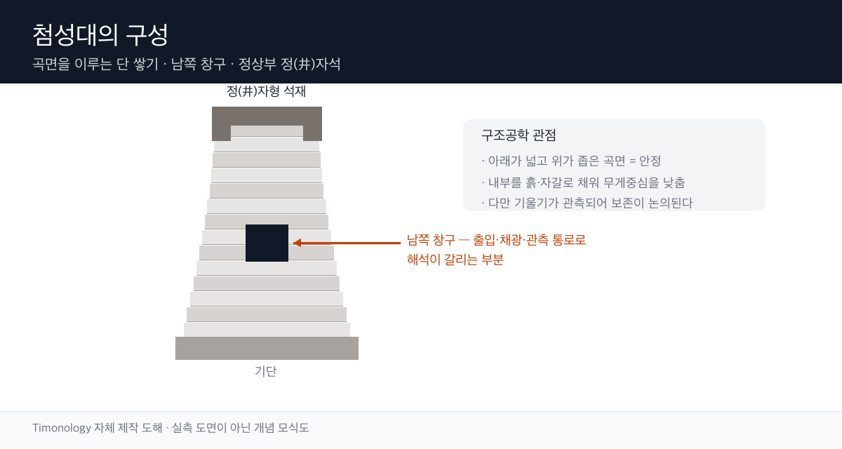 첨성대의 기단·몸체·창구·정자석 구성을 단면으로 나타낸 모식도