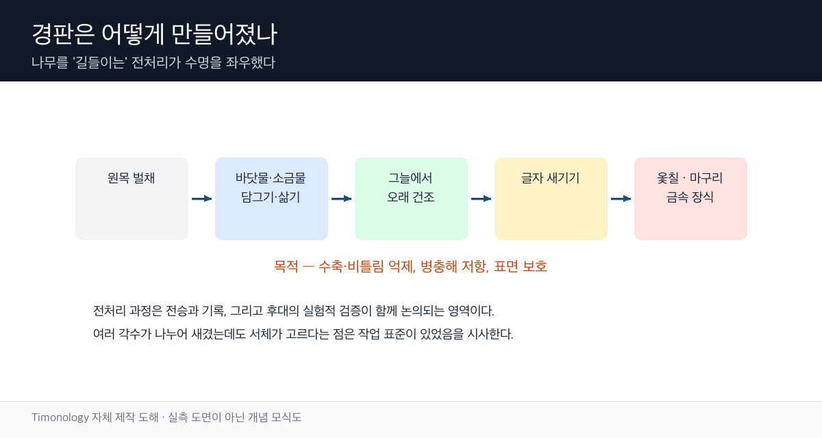 벌목·침지·건조·조판·각자·옻칠·마구리 부착 순서를 나타낸 공정 모식도