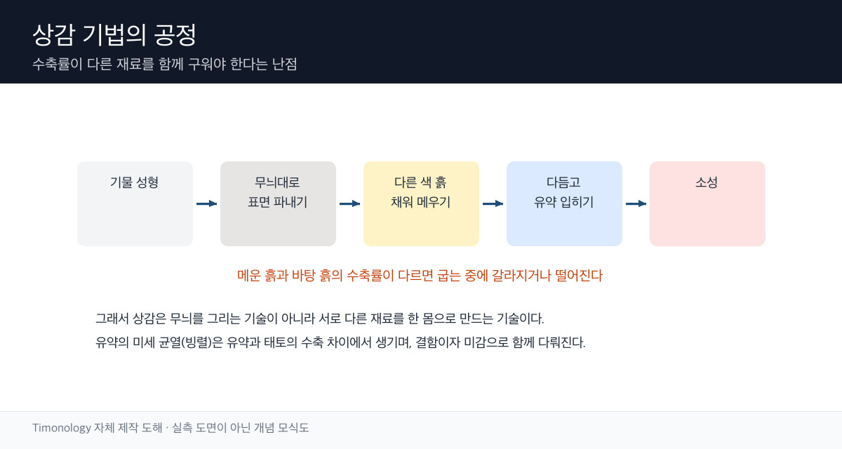 그릇 표면을 음각한 뒤 백토와 자토를 메우고 표면을 정리해 유약을 씌워 굽는 상감 공정 모식도