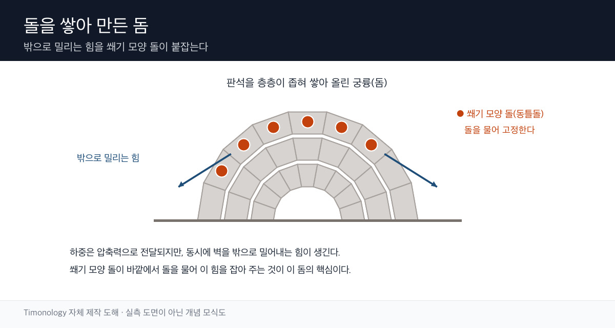 돌 돔의 단면과 판석 사이에 박힌 쐐기 모양 돌이 힘을 바깥으로 전달하는 구조를 보여주는 모식도