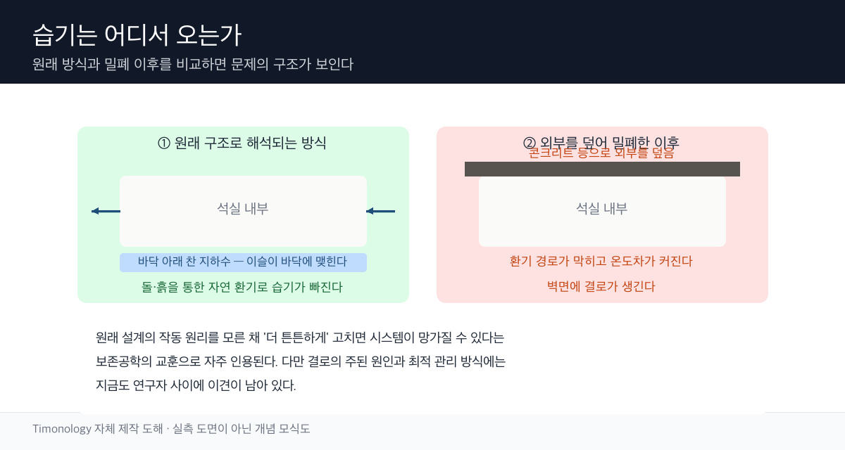 원래의 자연 환기 방식과 밀폐 이후 결로 발생 경로를 좌우로 비교한 개념 도표
